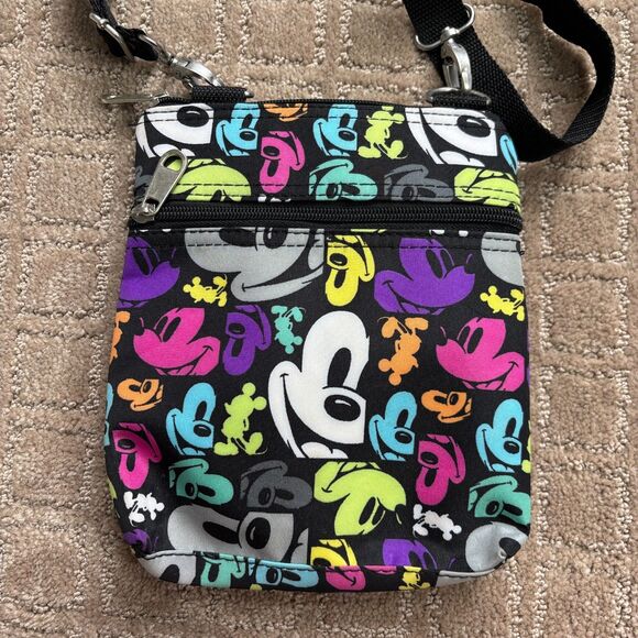 Disney Parks Mickey Mouse Crossbody Bag Purse Black Colorful Pockets Card Holder - Picture 2 of 9